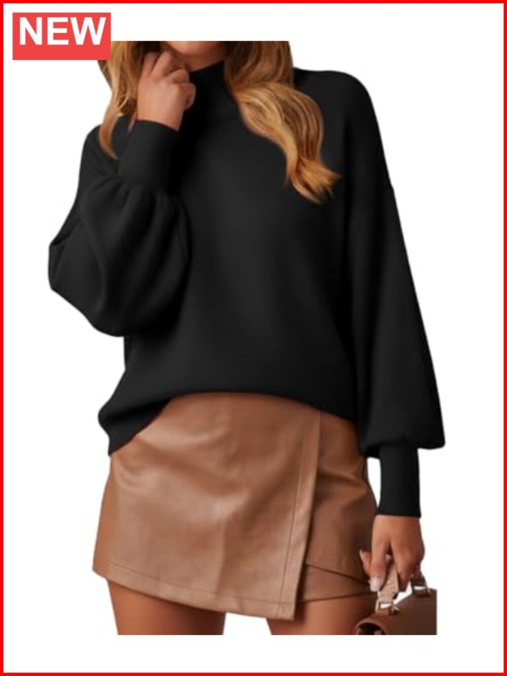 Mock Neck Lantern Sleeve Lightweight Knit Pullover Sweater